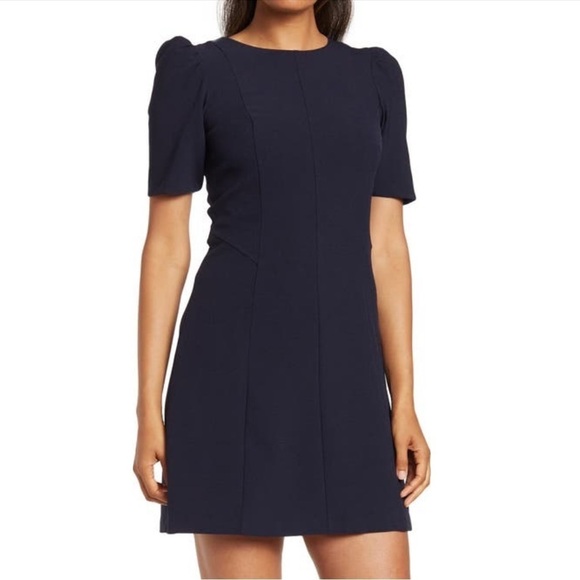 NWT Eliza J Crepe Shirred Elbow Sleeve A Line Knee Length Dress in Navy - Picture 1 of 8